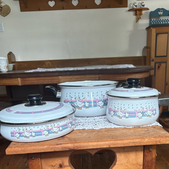 SOLD Vintage Enamel Geese Pot & Pan Set - Picture 8 of 9